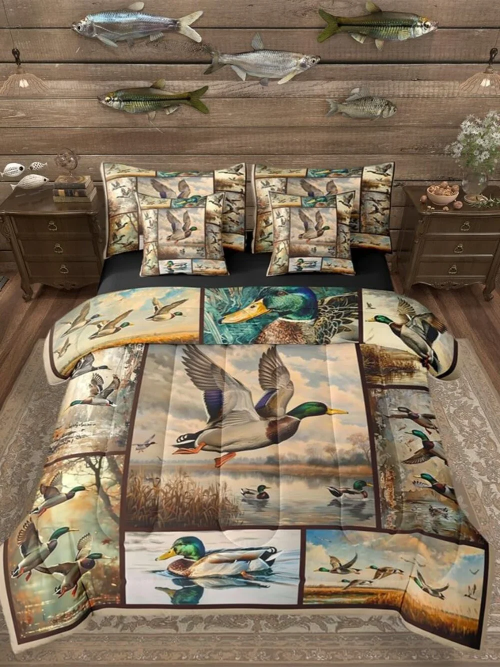 Mallard Duck 7 Pieces Bedding Set Queen Size Country Cabin Woodland Duck Comfort